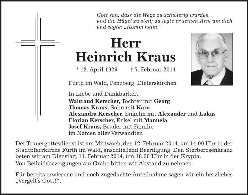 Traueranzeige Heinrich Kraus