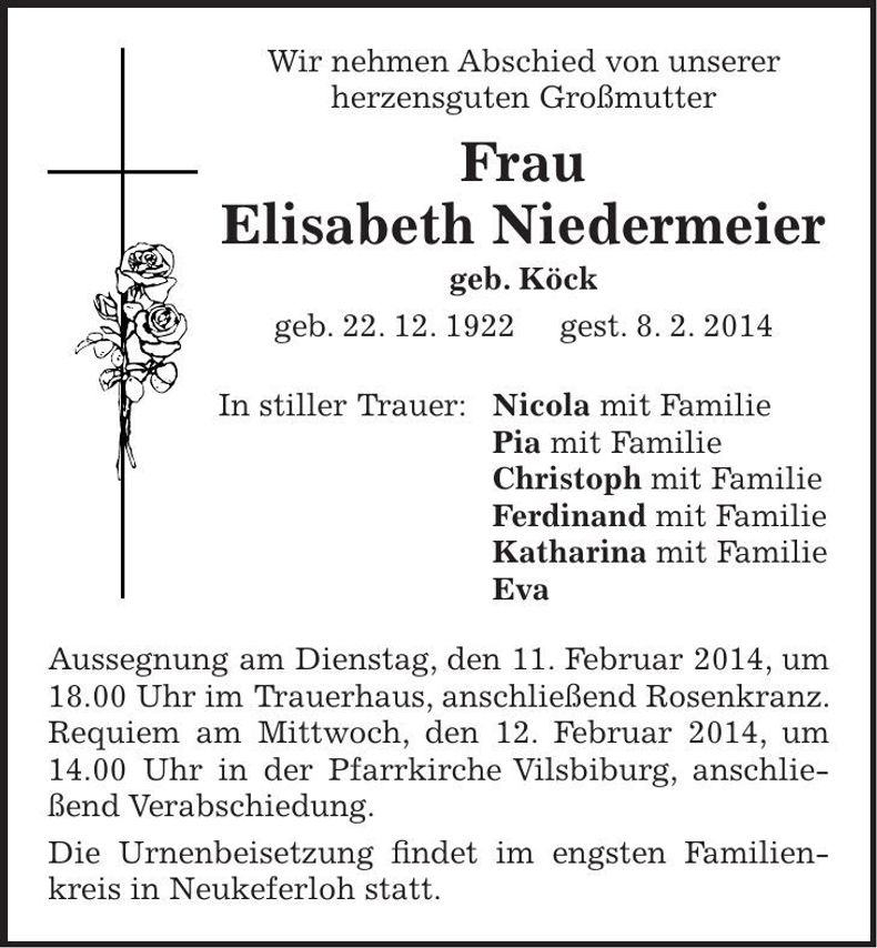 Traueranzeige Elisabeth Niedermeier