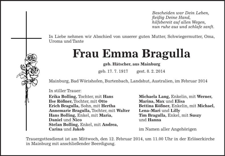 Traueranzeige Emma Bragulla