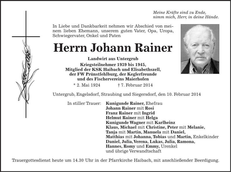 Traueranzeige Johann Rainer