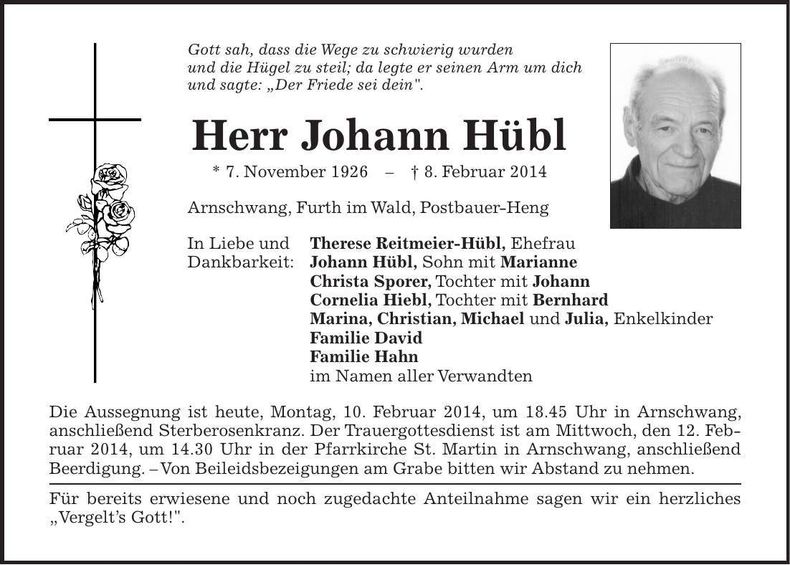 Traueranzeige Johann Hübl