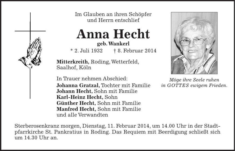 Traueranzeige Anna Hecht