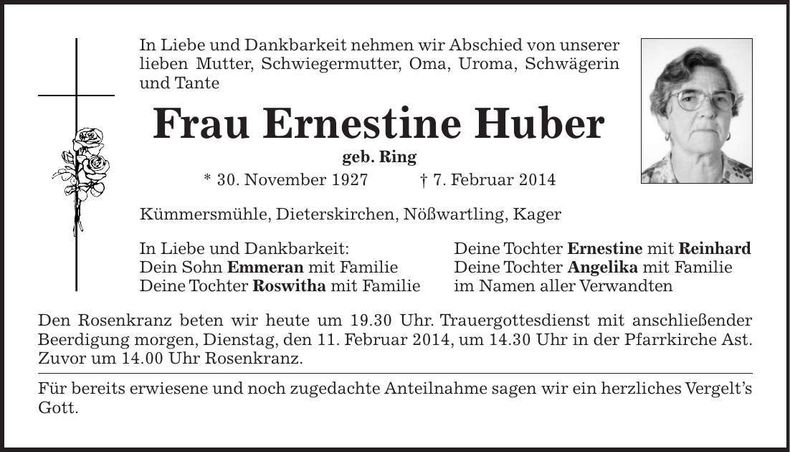 Traueranzeige Ernestine Huber