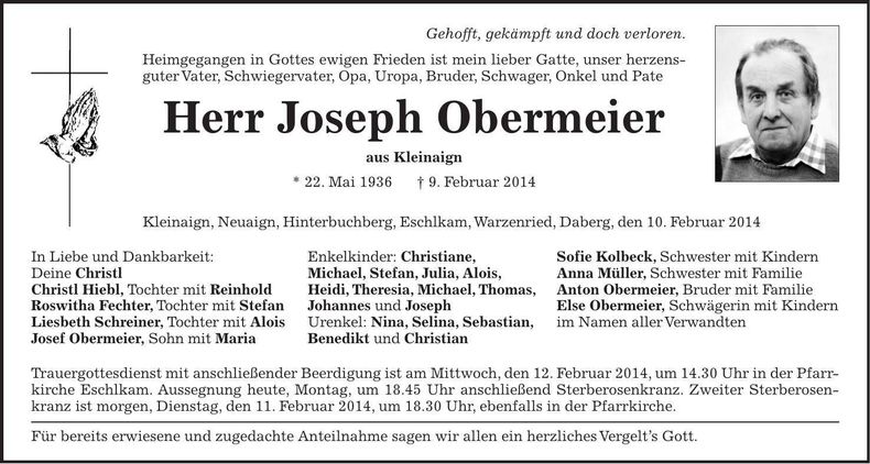 Traueranzeige Joseph Obermeier