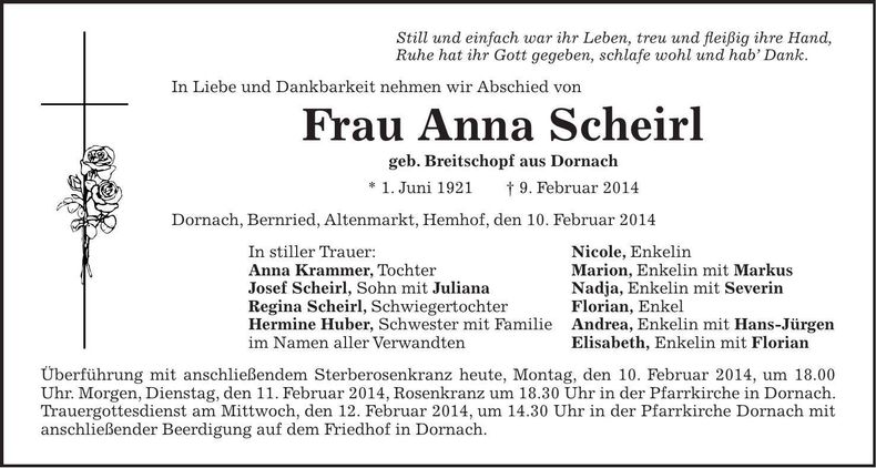 Traueranzeige Anna Scheirl