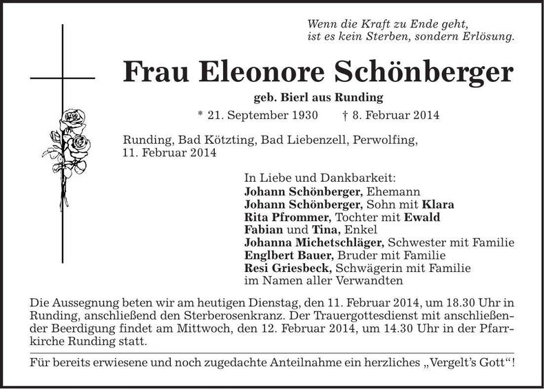 Traueranzeige Eleonore Schönberger