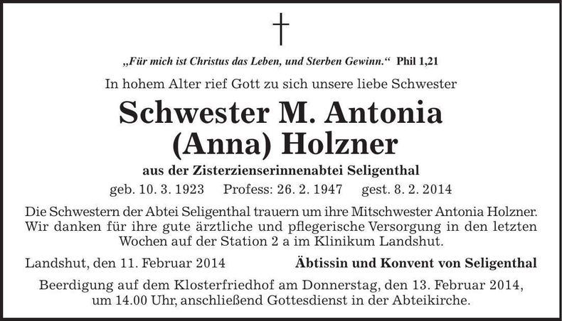 Traueranzeige Schwester Maria Antonia Holzner