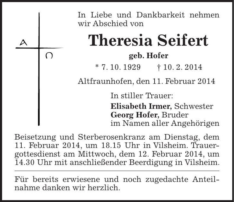 Traueranzeige Theresia Seifert