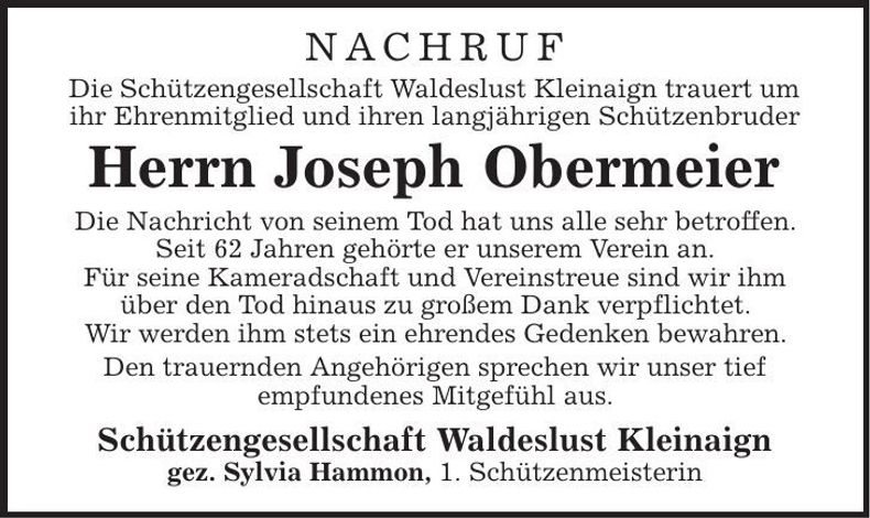 Traueranzeige Joseph Obermeier