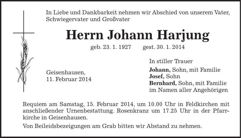 Traueranzeige Johann Harjung