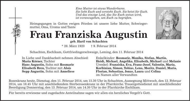 Traueranzeige Franziska Augustin