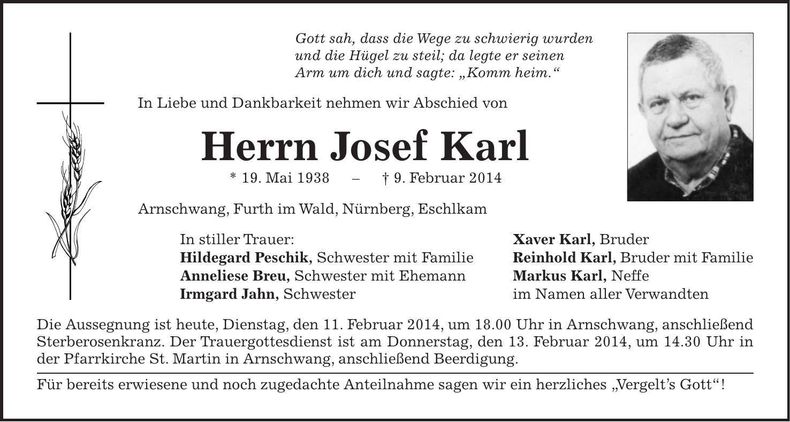 Traueranzeige Josef Karl