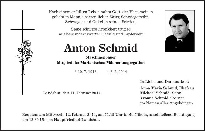 Traueranzeige Anton Schmid