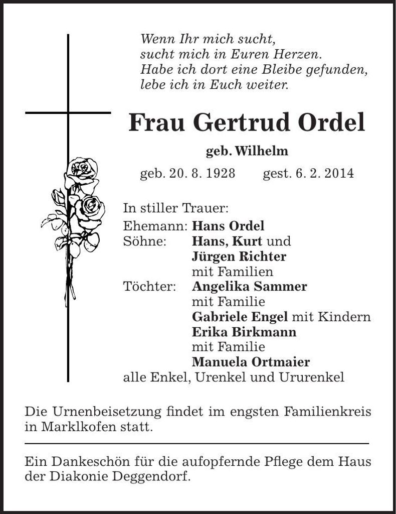 Traueranzeige Gertrud Ordel