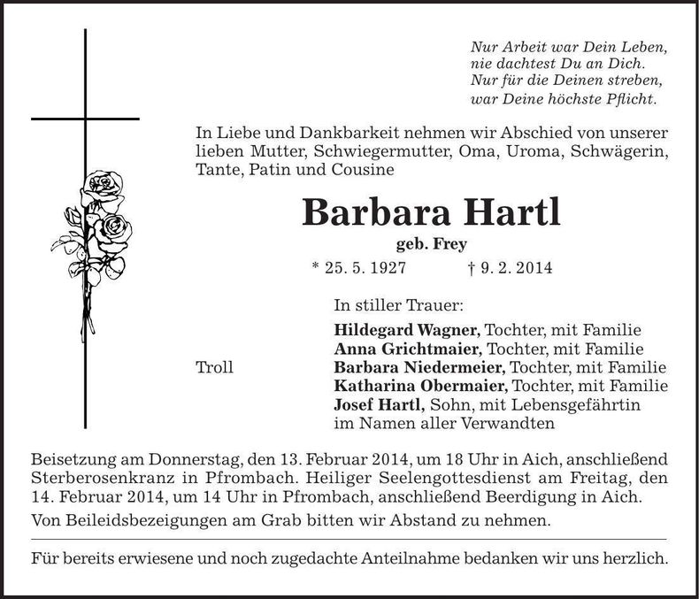 Traueranzeige Barbara Hartl