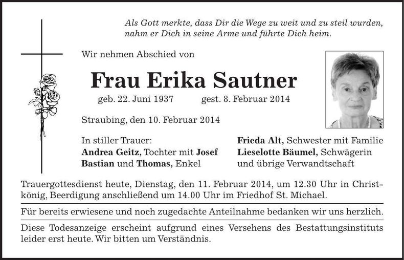 Traueranzeige Erika Sautner