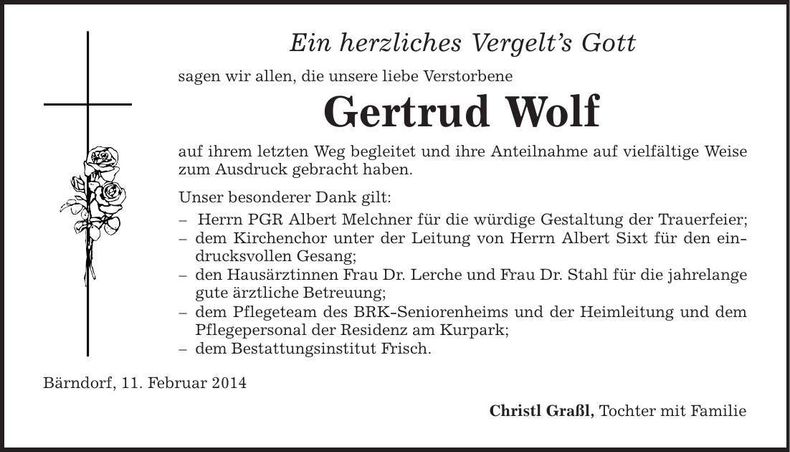 Traueranzeige Gertrud Wolf