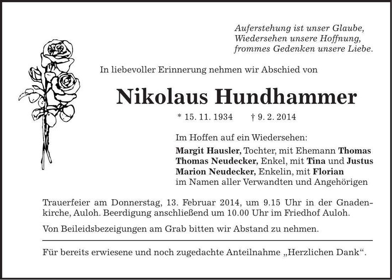 Traueranzeige Nikolaus Hundhammer