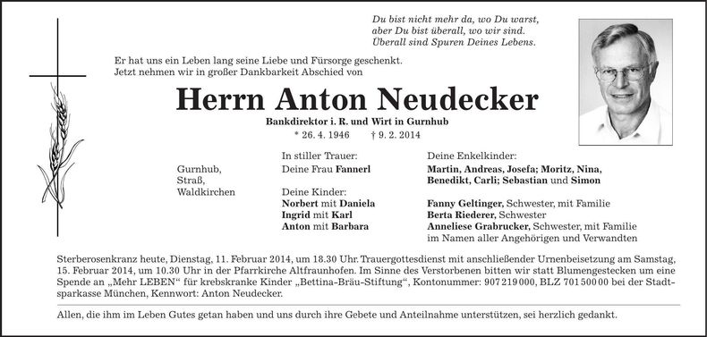 Traueranzeige Anton Neudecker