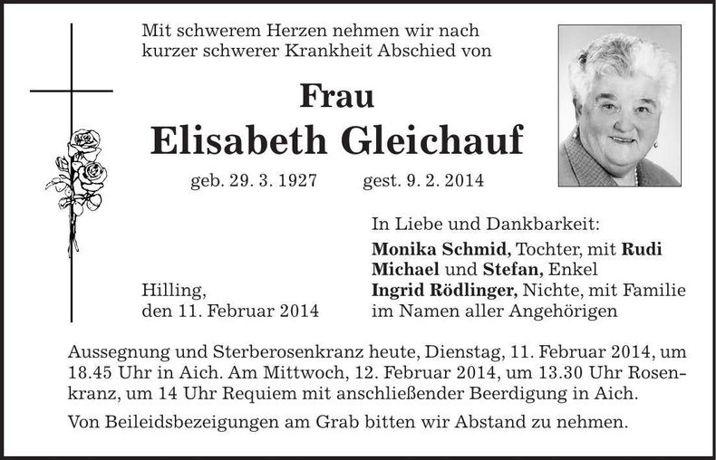 Traueranzeige Elisabeth Gleichauf
