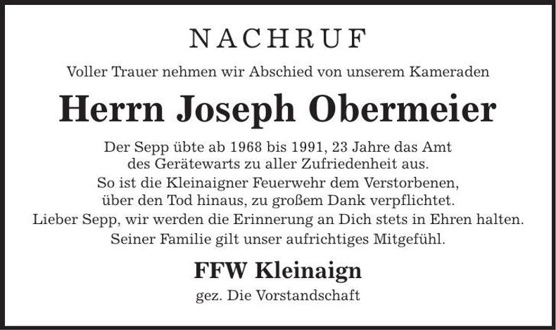 Traueranzeige Joseph Obermeier