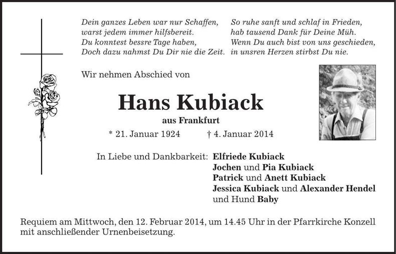 Traueranzeige Hans Kubiack