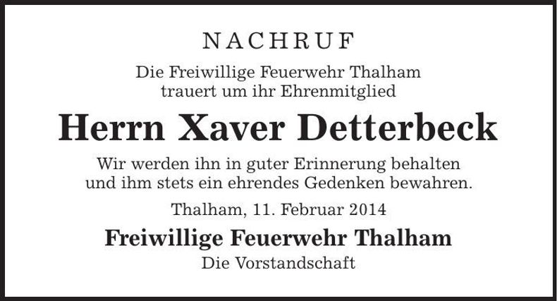 Traueranzeige Xaver Detterbeck