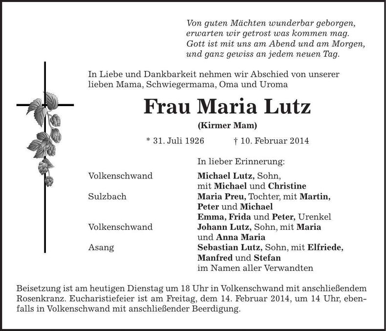 Traueranzeige Maria Lutz