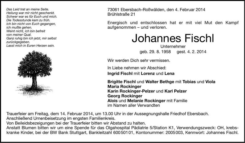 Traueranzeige Johannes Fischl