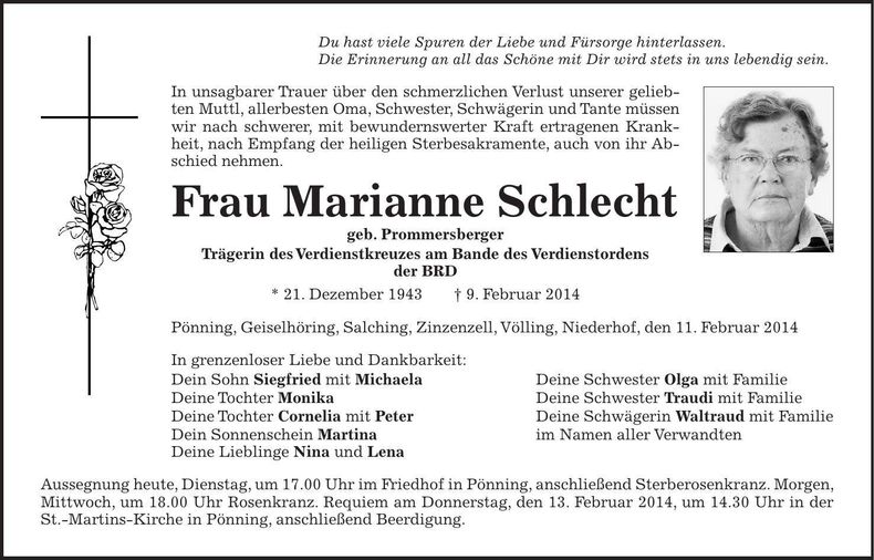 Traueranzeige Marianne Schlecht