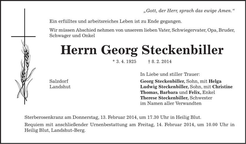 Traueranzeige Georg Steckenbiller