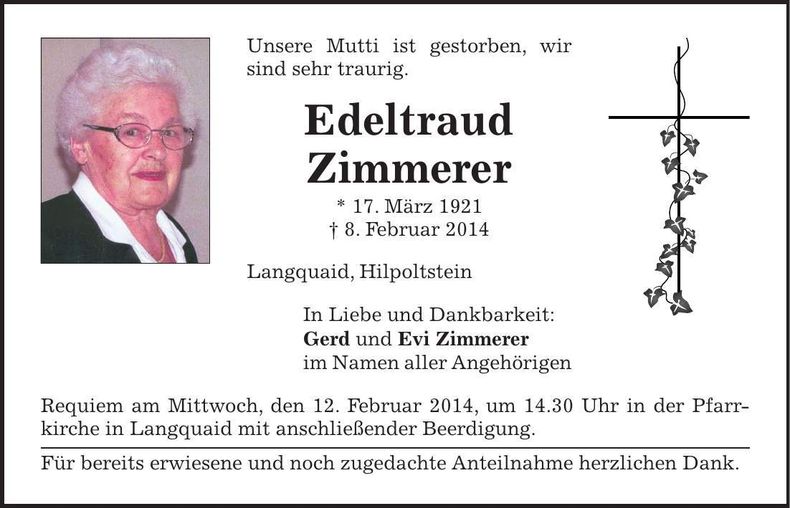Traueranzeige Edeltraud ZimmererEdeltraud