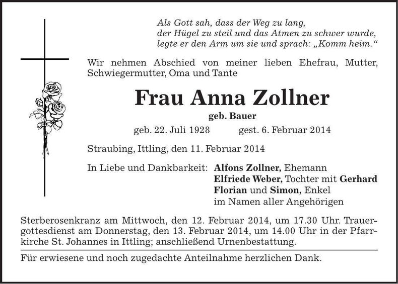 Traueranzeige Anna Zollner