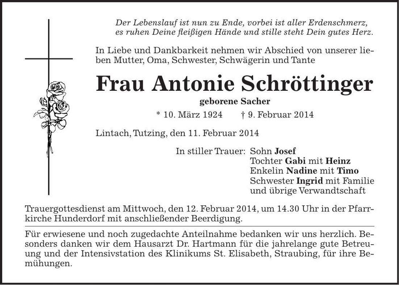 Traueranzeige Antonie Schröttinger
