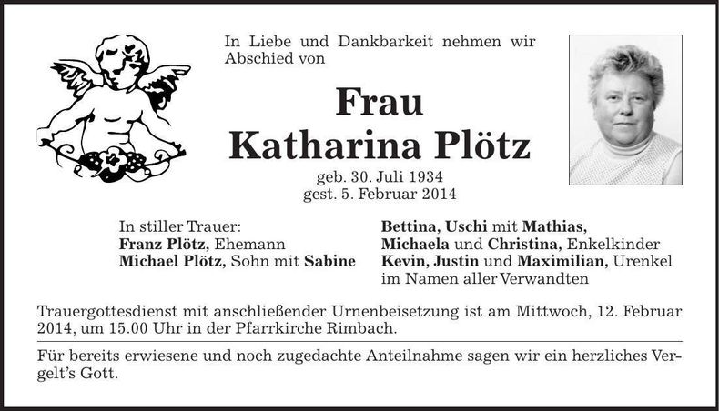Traueranzeige Katharina Plötz