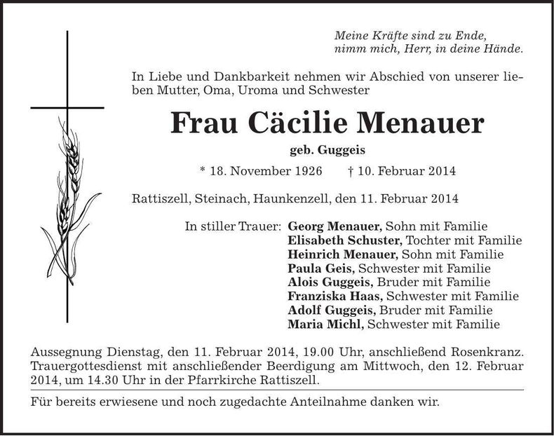 Traueranzeige Cäcilie Menauer