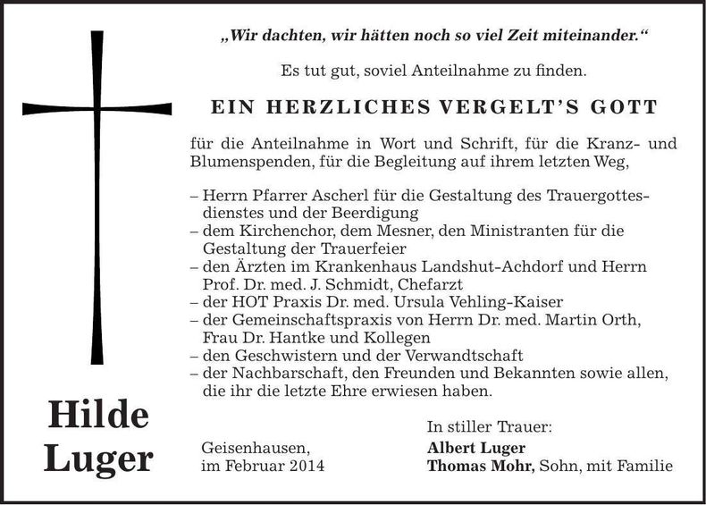 Traueranzeige Hilde Luger