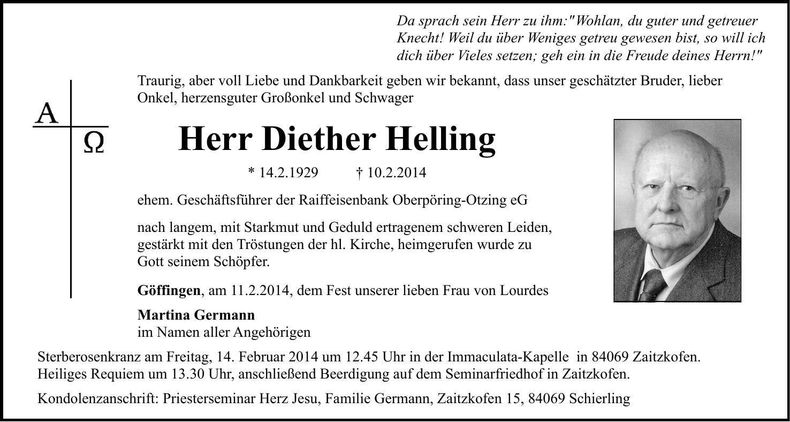 Traueranzeige Diether Helling
