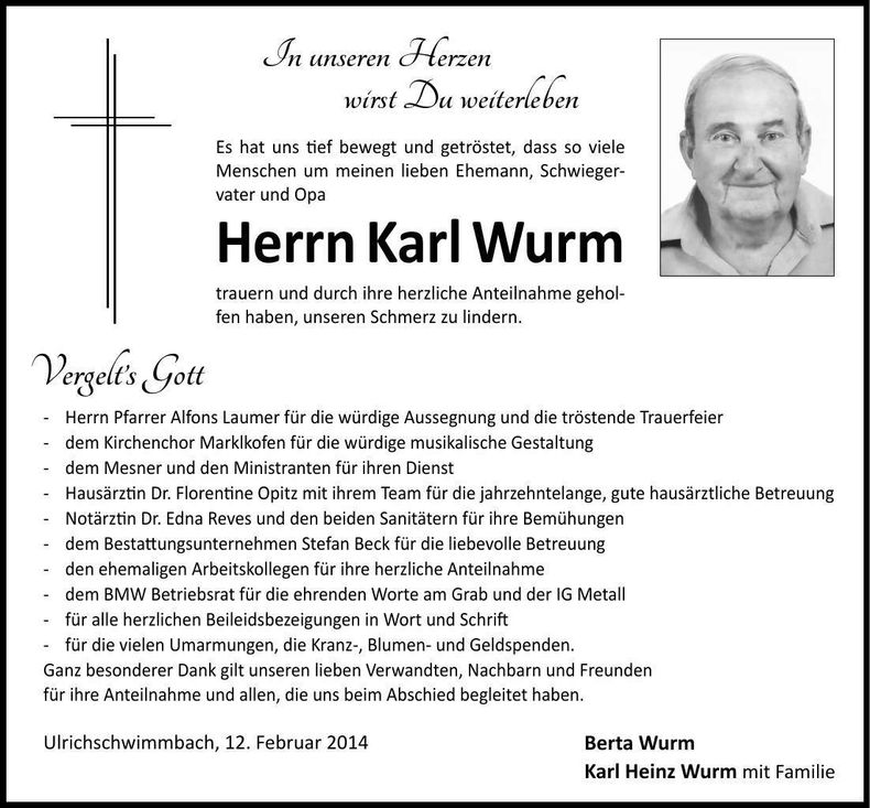 Traueranzeige Karl Wurm