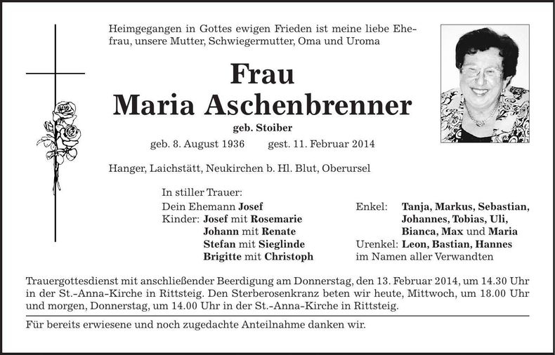 Traueranzeige Maria Aschenbrenner