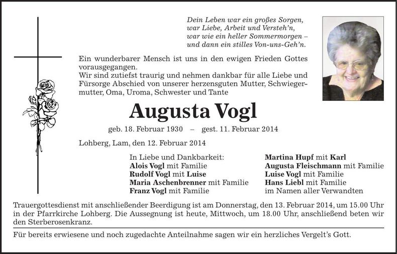 Traueranzeige Augusta Vogl