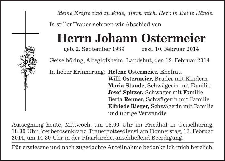 Traueranzeige Johann Ostermeier