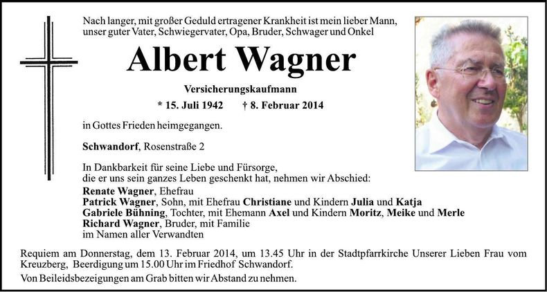 Traueranzeige Albert Wagner