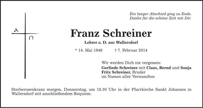 Traueranzeige Franz Schreiner