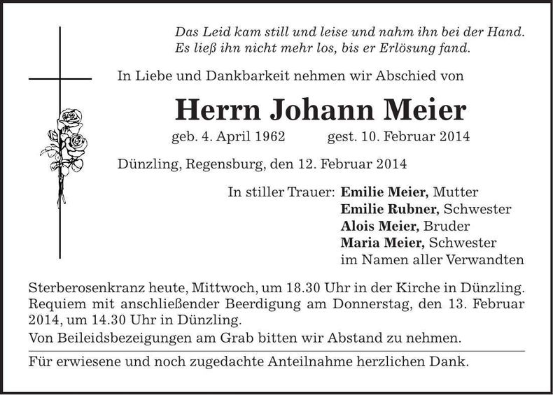 Traueranzeige Johann Meier