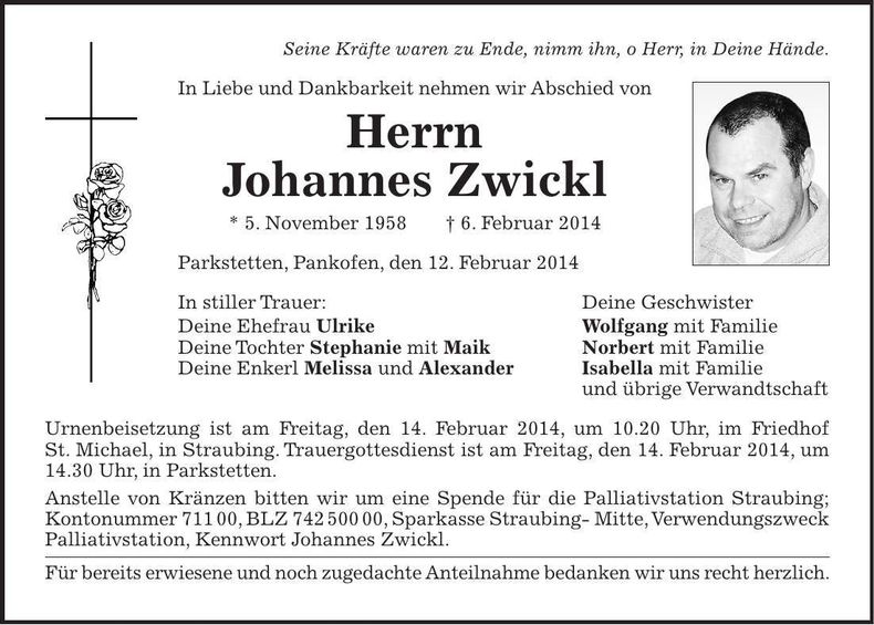 Traueranzeige Johannes Zwickl