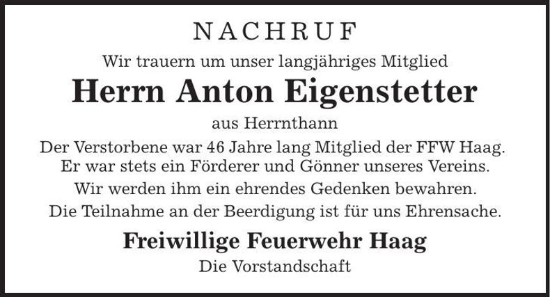 Traueranzeige Anton Eigenstetter