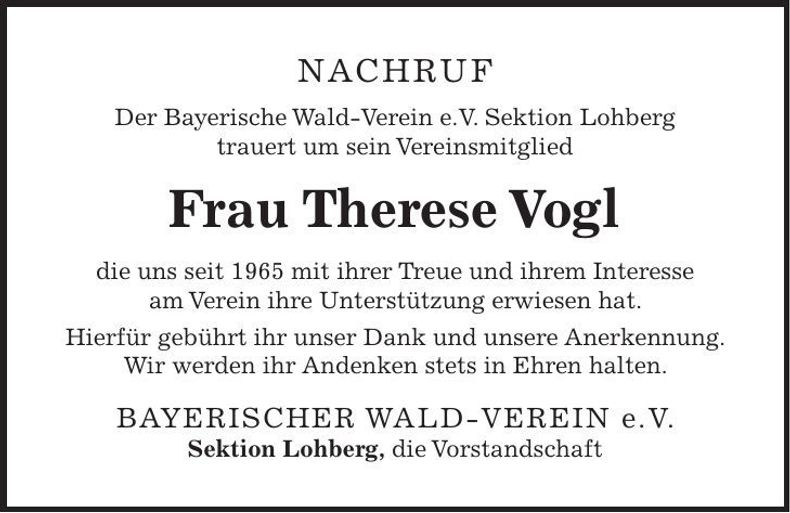 Traueranzeige Therese Vogl