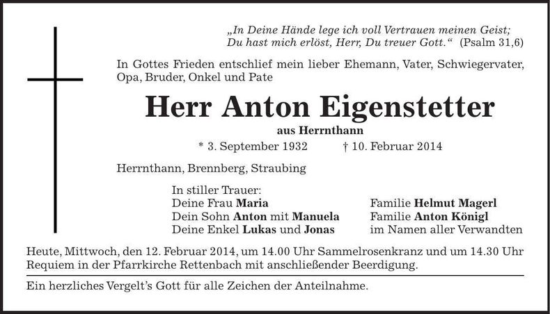 Traueranzeige Anton Eigenstetter