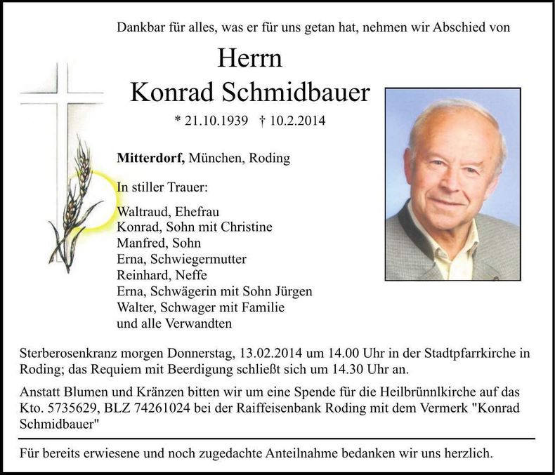 Traueranzeige Konrad Schmidbauer